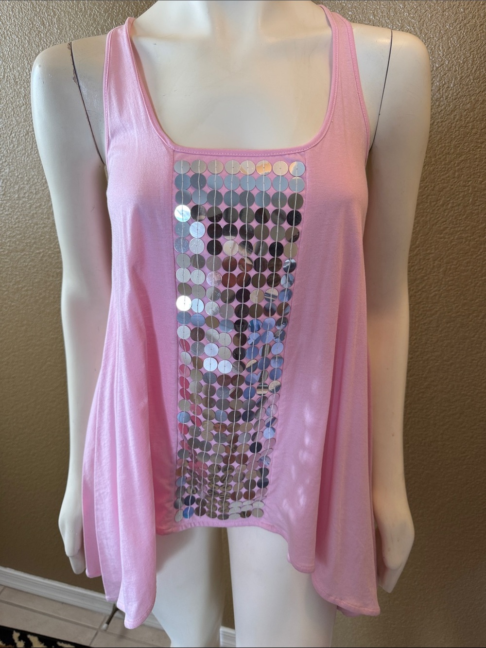 Moda International Pink Tank Top with Silver Sequin Panel